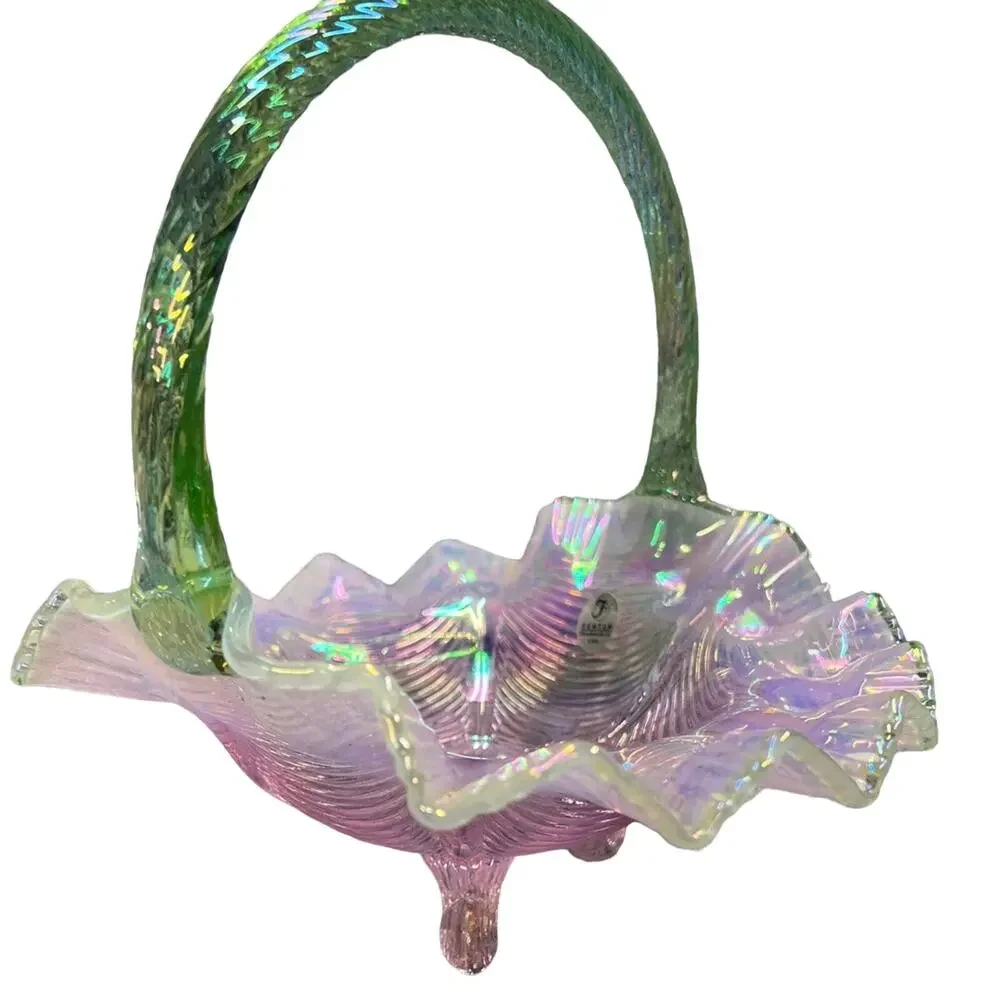 Fenton Pink Chiffon Basket w/Apple Green Handle